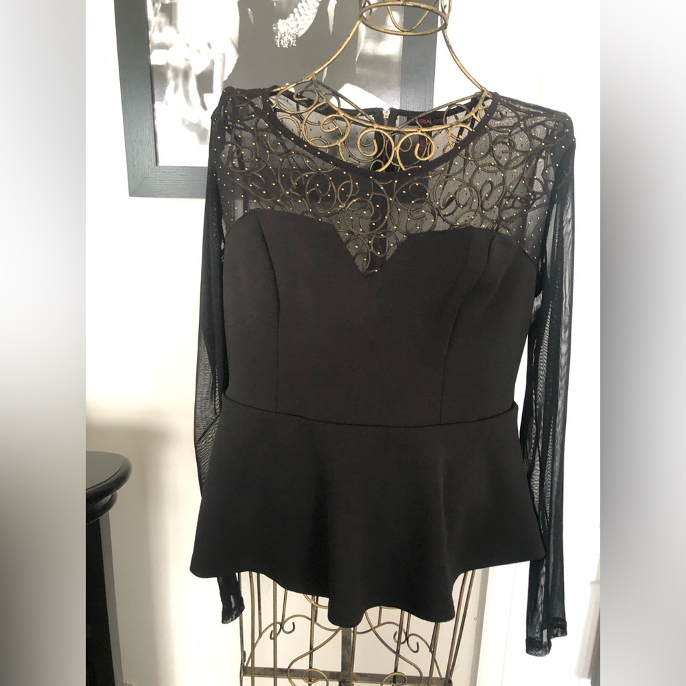 Peplum top sheer sleeves gold embellishments across the top
